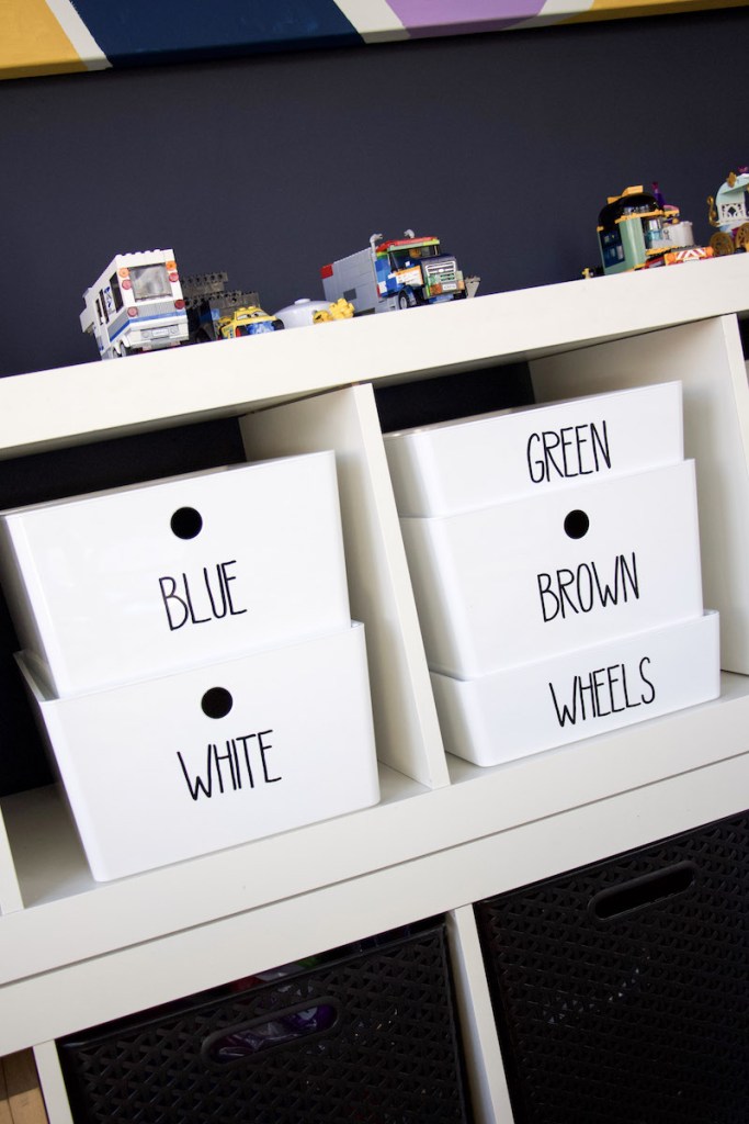legos in bins with labels and displaying lego creations