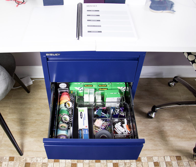 office supply drawer in desk