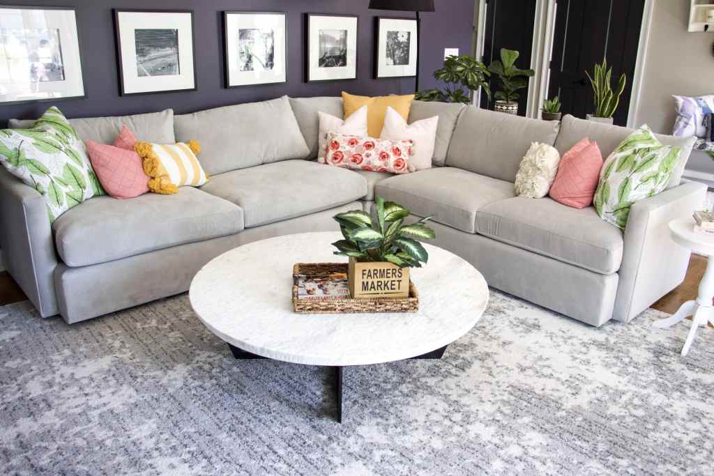 living room couch with throw pillows