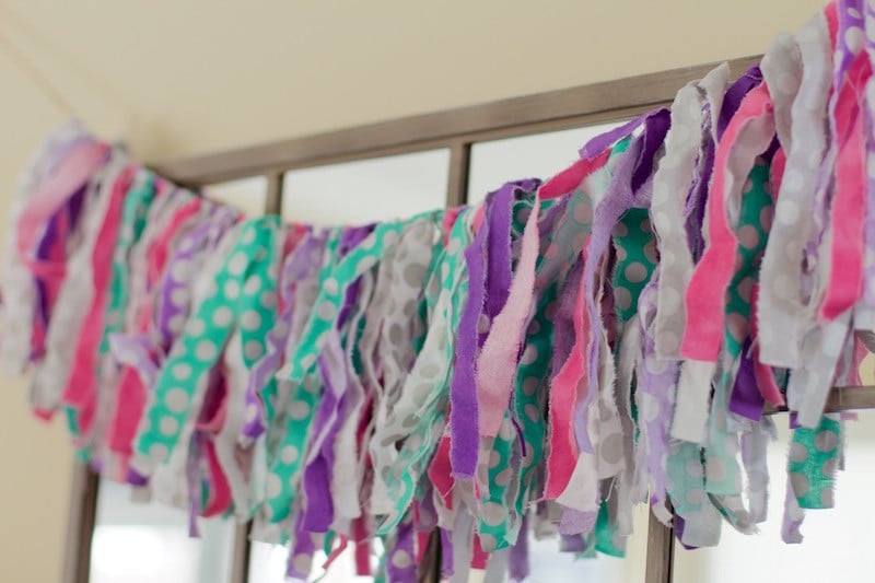 Finished fabric bunting banner in pink, purple, teal, white, and grey #fabricbuntingbanner