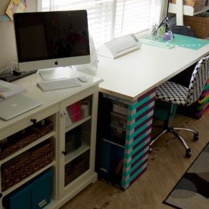 Desk, bookshelf, and chair in front of window #desk