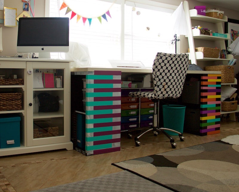 Colorful desk and patterned chair in office and craft room #craftroom