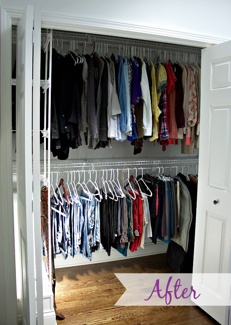 After Closet Organization- all items hanging on hangers based on type of clothing