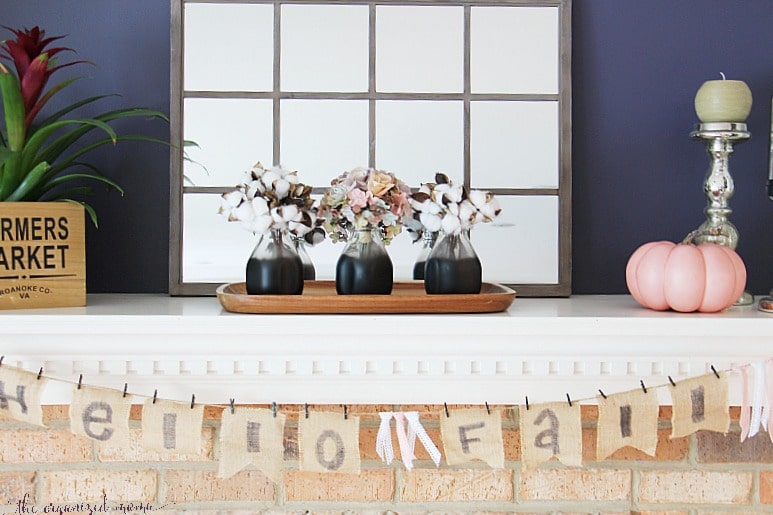 fall mantel with burlap banner