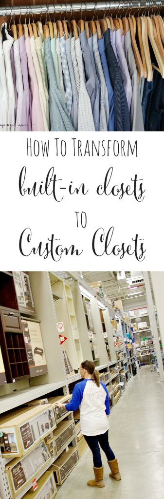 learn easy tricks for how to transform your built-in closet into a custom closet using items from Lowes! Without spending a lot, you can create a closet that is functional for your needs! #customcloset #closets