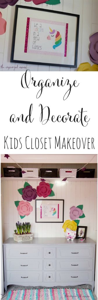 Kids closet makeover full closet paper flowers unicorn picture dresser painted cedar lining. Learn tips for how to transform a kids closet in a small bedroom into useful space by decluttering, reinventing the space, organizing, and decorating to make it feel cozy! #closets #organize