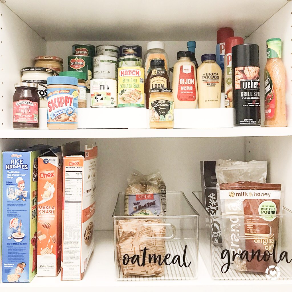 Organized pantry with food. 