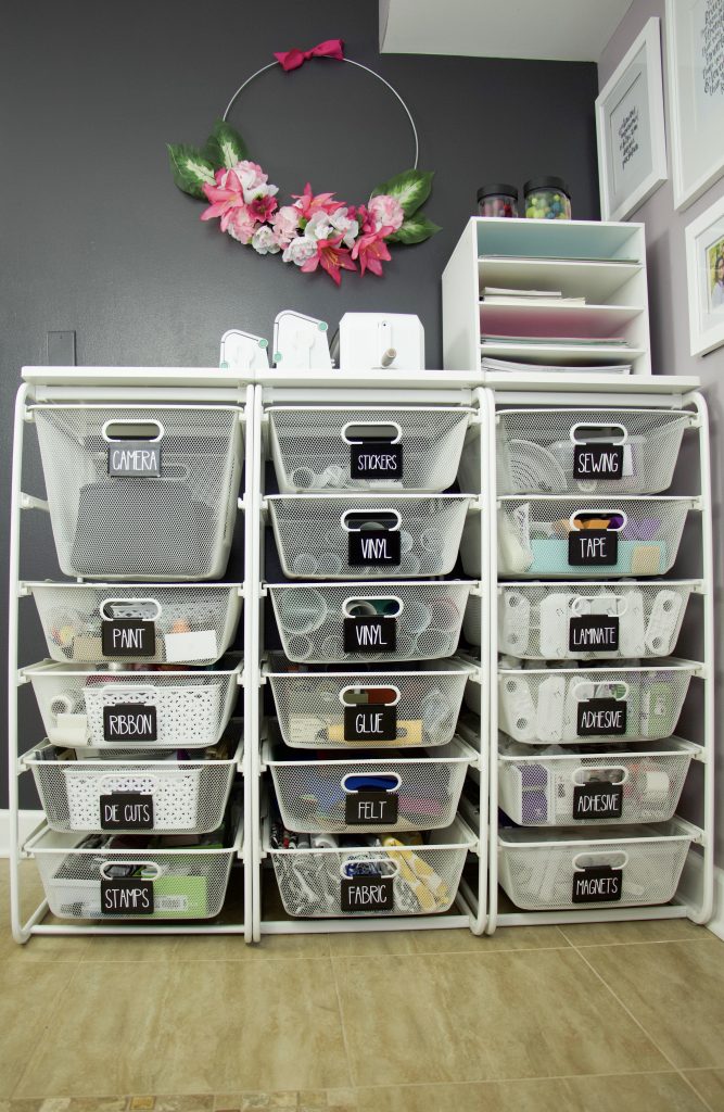 Elfa drawers with black labels and white lettering to hold craft supplies. #officeorganization