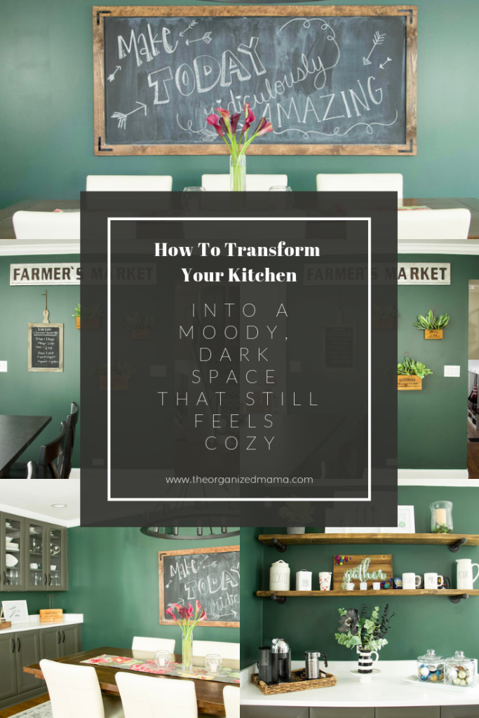 Learn how to transform your space into a moody, dark yet still cozy space like this modern farmhouse kitchen with dard hunter green paint from sherwin williams #darkkitchen #greenpaint #modernfarmhousekitchen