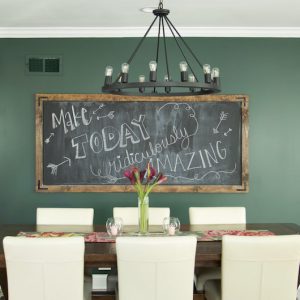 DIY chalkboard on moody dark green walls with black lighting and dining table to create a modern farmhouse vibe. #kitchendecor #modernfarmhouse #DIY