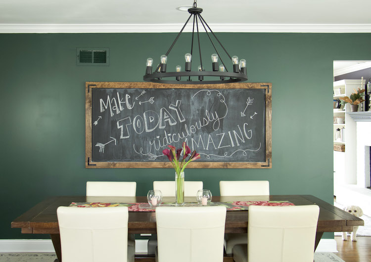DIY chalkboard on moody dark green walls with black lighting and dining table to create a modern farmhouse vibe. #kitchendecor #modernfarmhouse #DIY