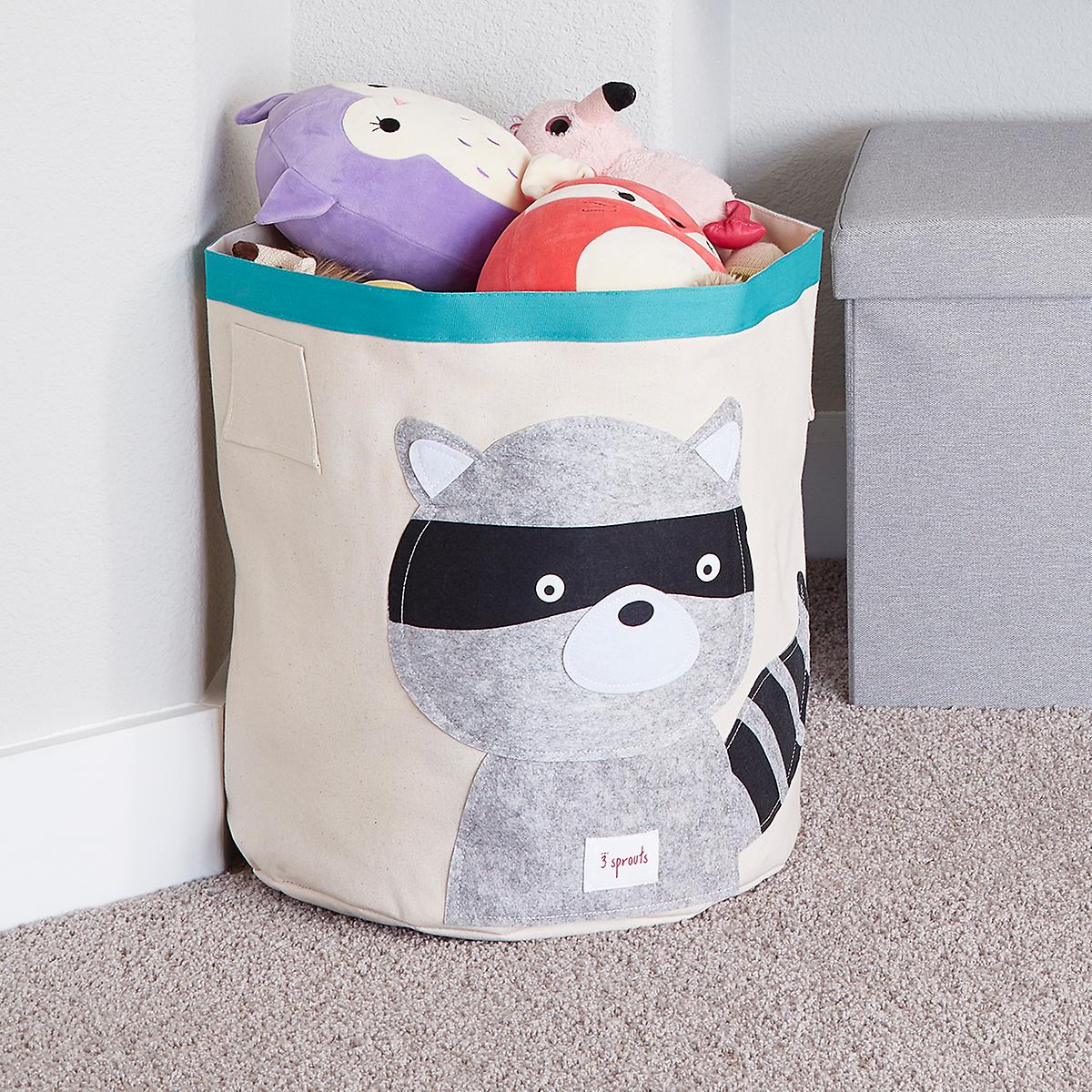 racoon canvas bin holding stuffed animals in playroom #3sprouts