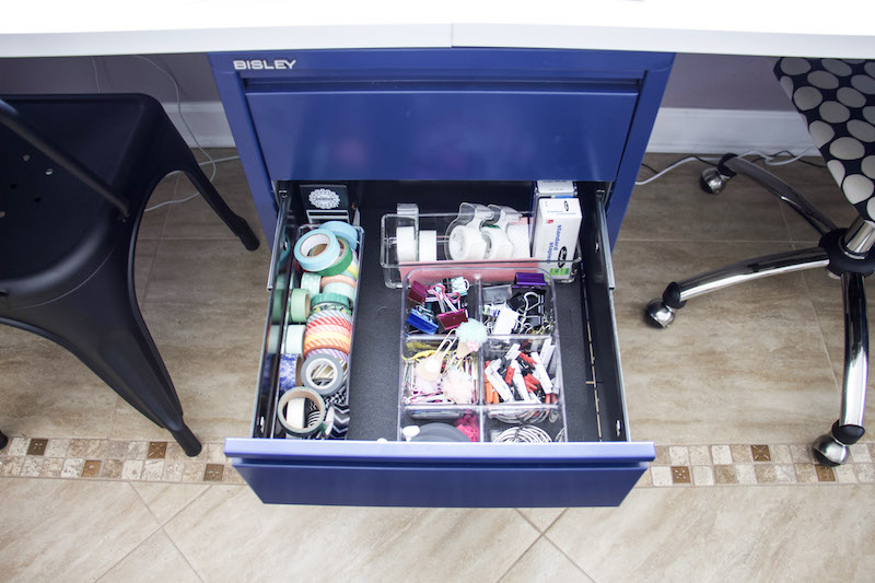 Office drawer open with easyliner and drawer organizers to keep drawers tidy