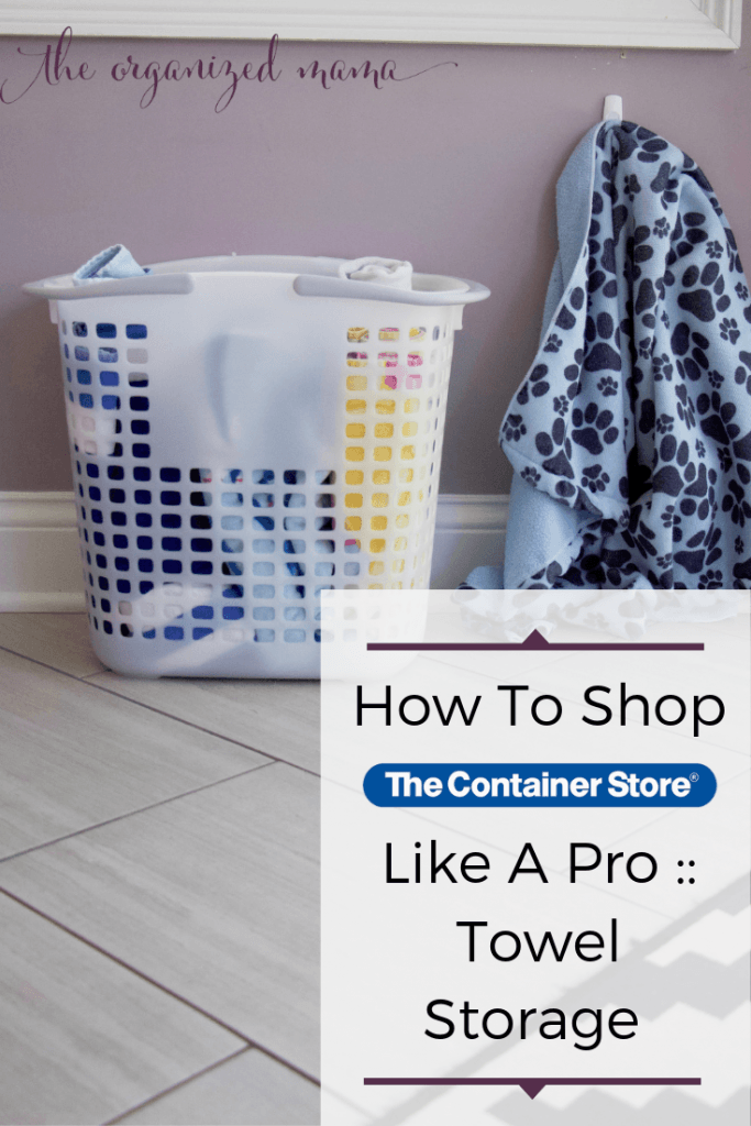 How To Shop The Container Store Like A Pro Towel Storage Ideas overlay with tote filled with beach towels and dog towel