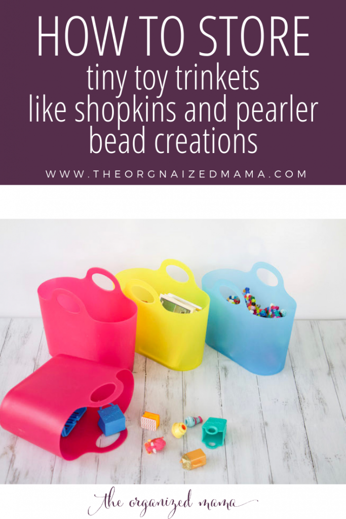 overlay how to store tiny toy trinkets with 4 mini party totes with things like pearler bead creations and shopkins characters inside