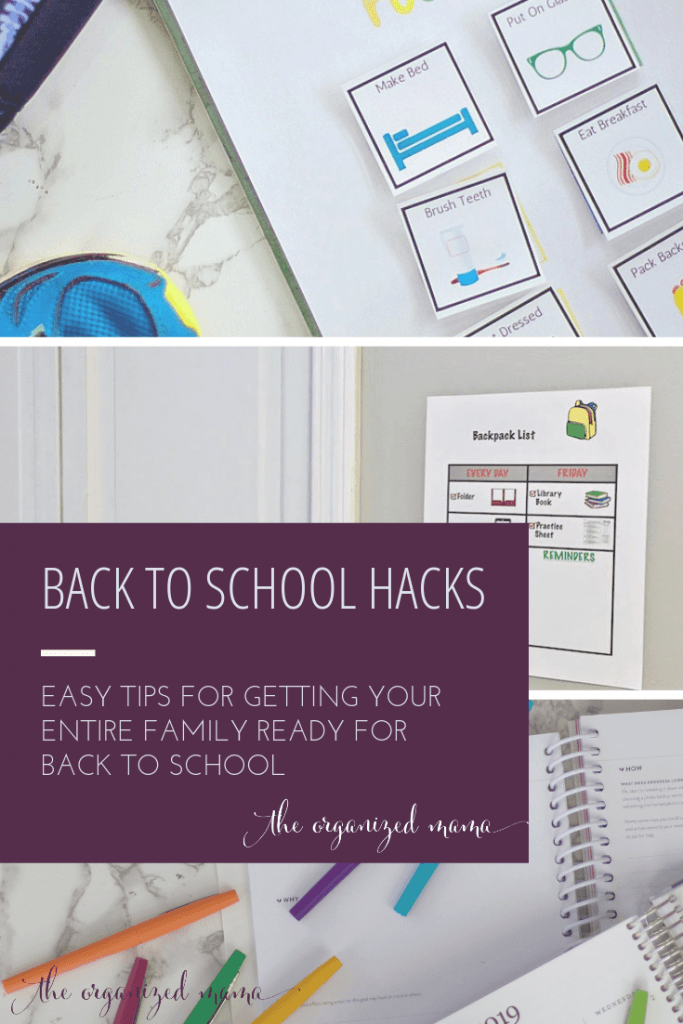 back to school mom hacks overlay with graphics of free printables including backpack checklist and morning routine checklist