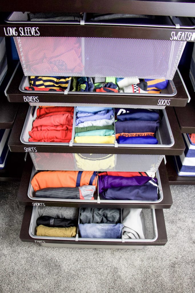 drawers with file folded shirts and drawer dividers