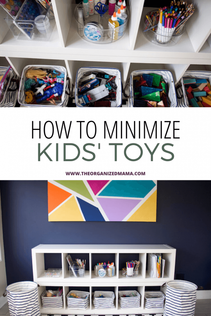 how to minimize kids toys overlay with playroom pictures above and below