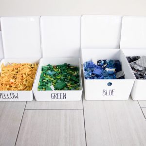 adding labels to bins that hold color coded legos