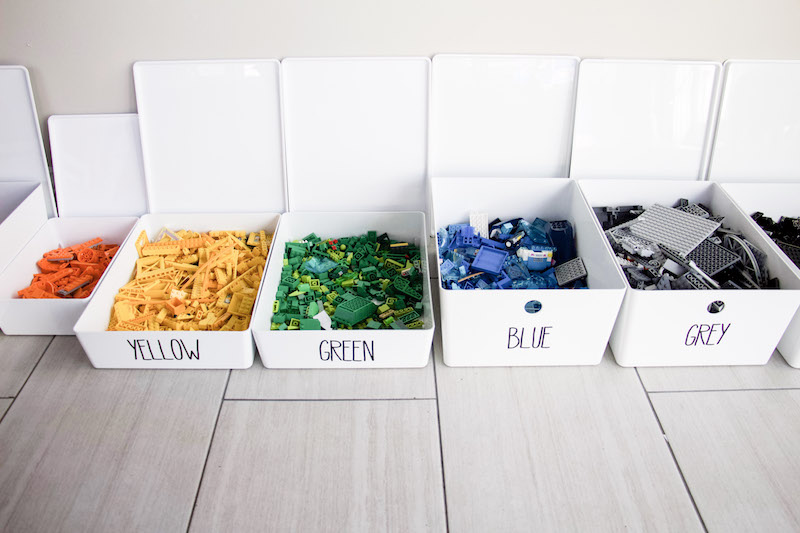 adding labels to bins that hold color coded legos
