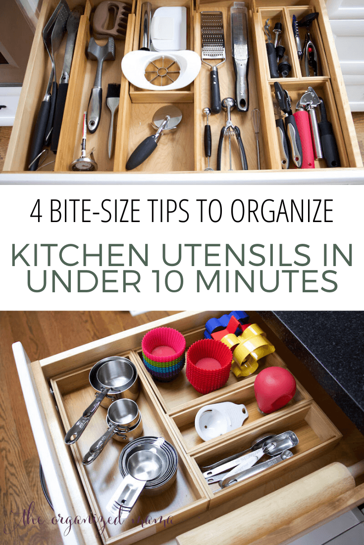 4 bite-size tips to organize kitchen utensils in under 10 minutes overlay on organized drawers of kitchen utensils #organize #kitchen #sustainable