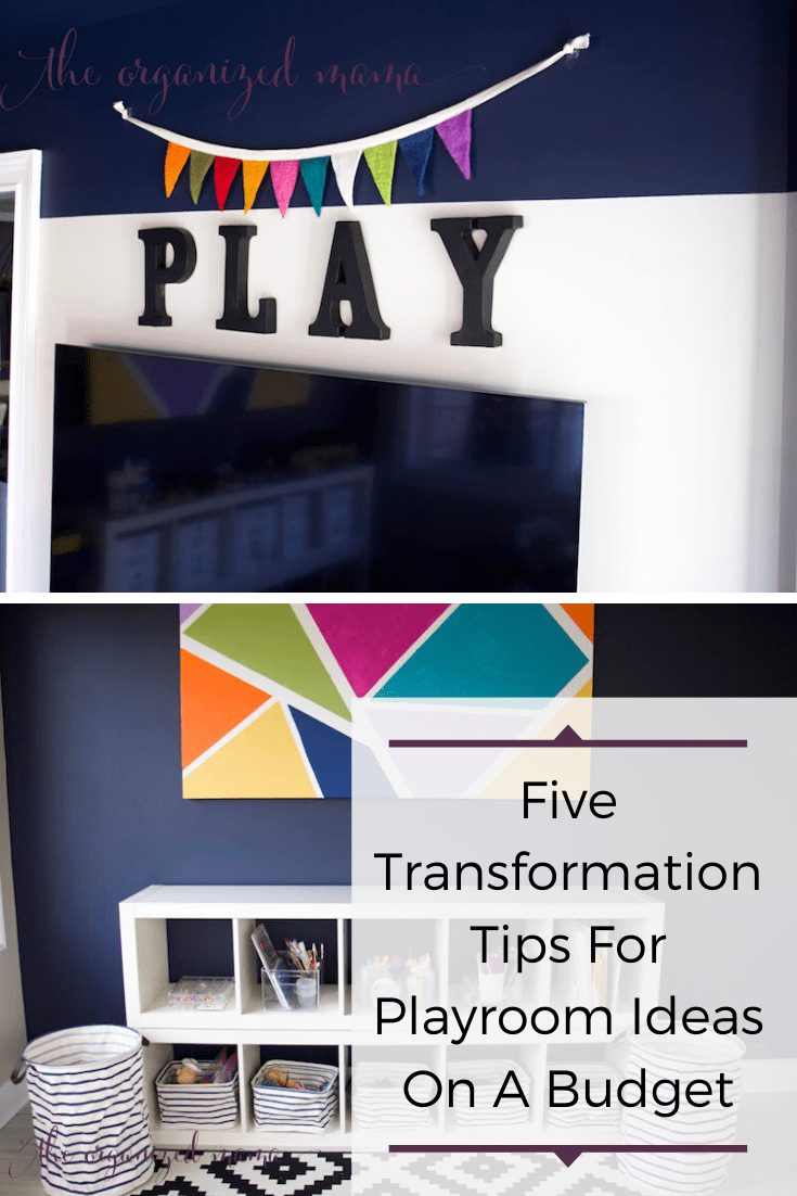 transformation tips for playroom ideas on a budget overlay on playroom with ceiling and walls painted a dark blue #playroom