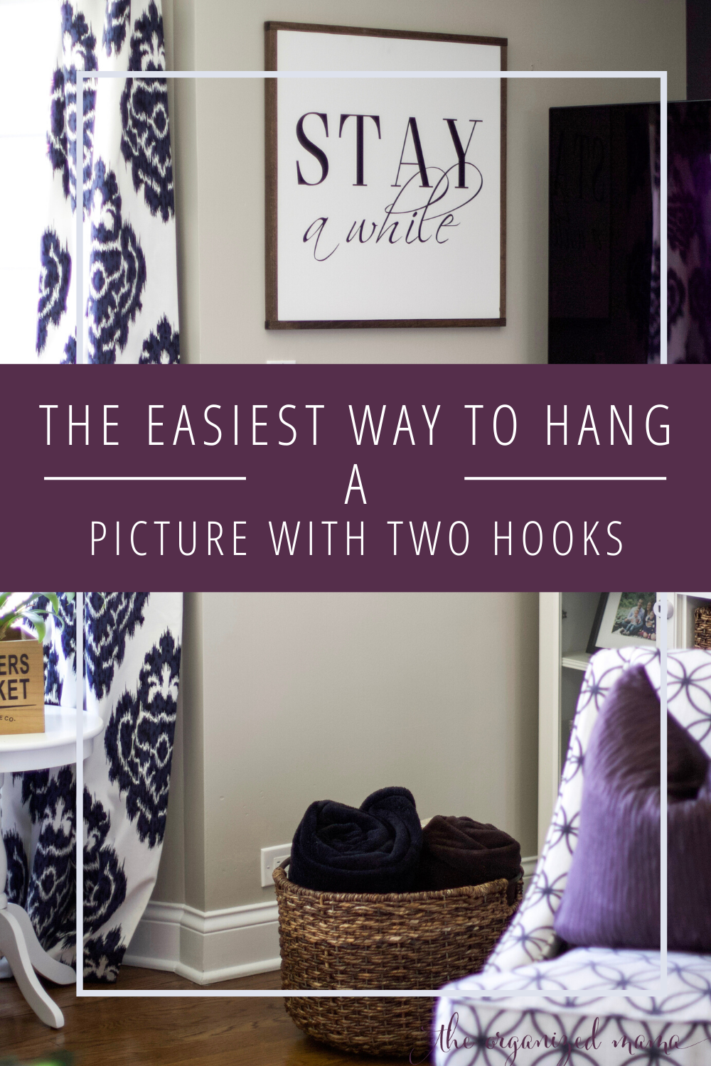 how to hang a picture with two hooks overlay on living room with picture on wall next to curtains