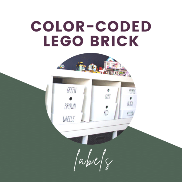 color-coded lego brick labels text with labels on bins in picture