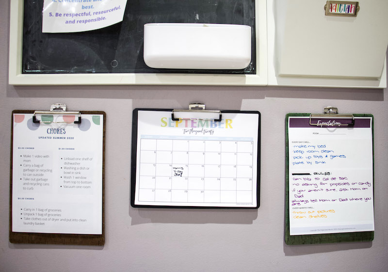 calendars + expectations + chores on clipboards under chalkboard family command center