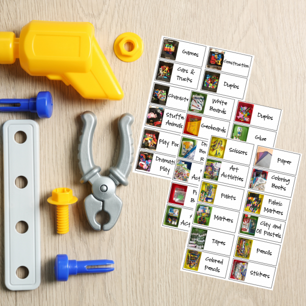 flat lay of play tools next to picture labels of toys for organizing kids toys
