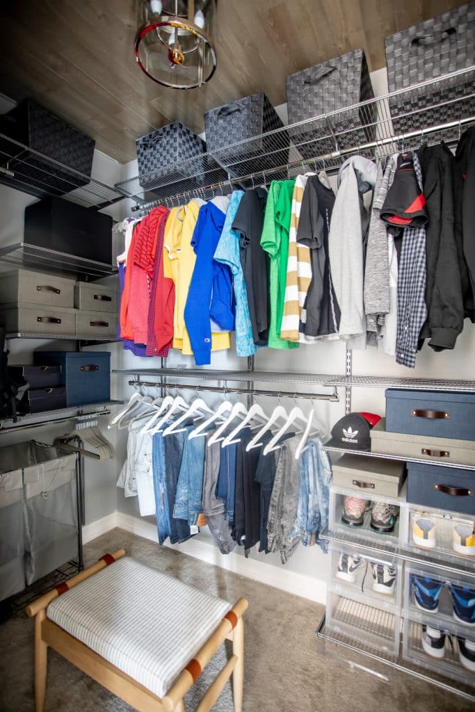 Final closet with colorful shirts hanging from Just Destiny