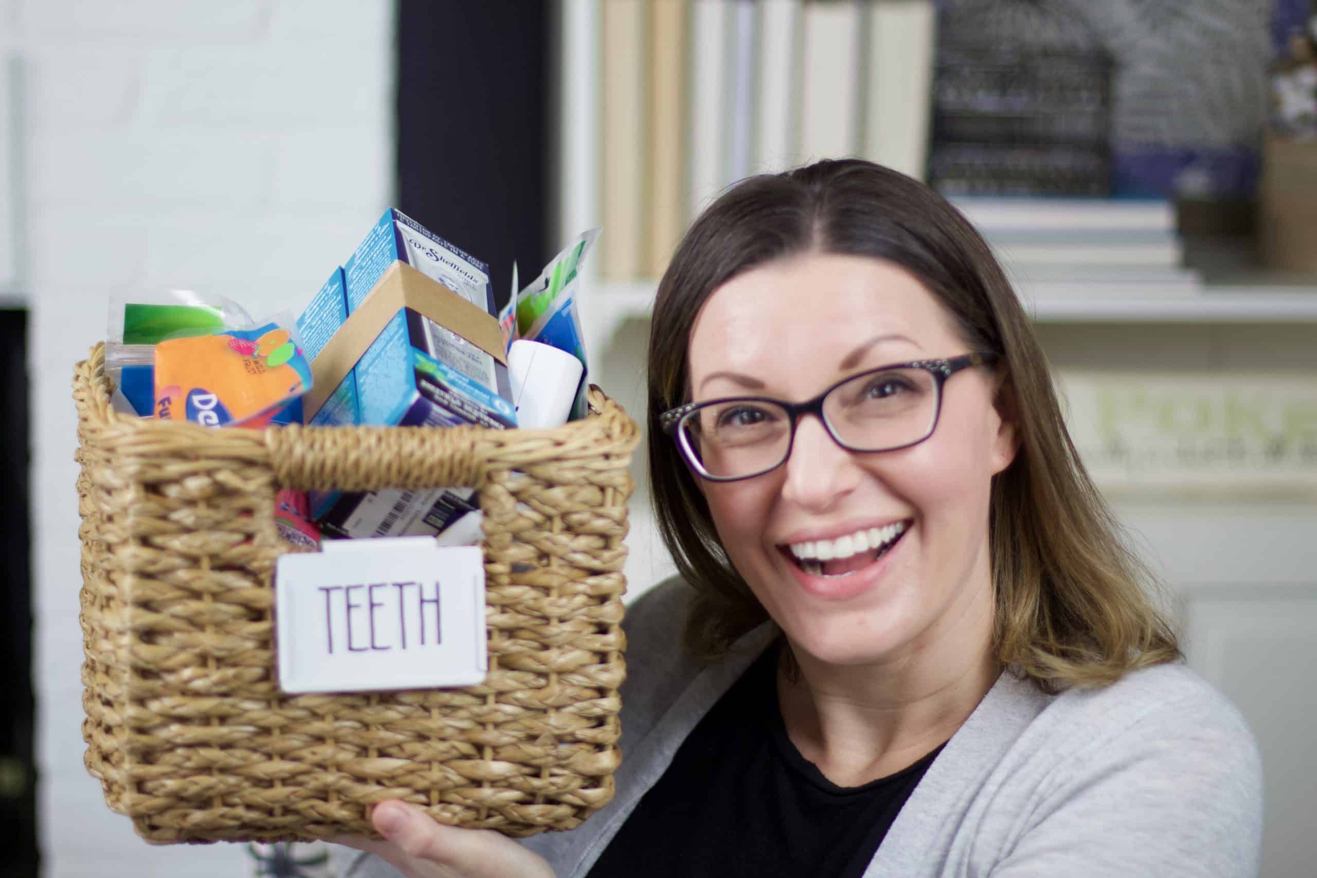 storing extra items bathroom supplies teeth in basket with teeth label