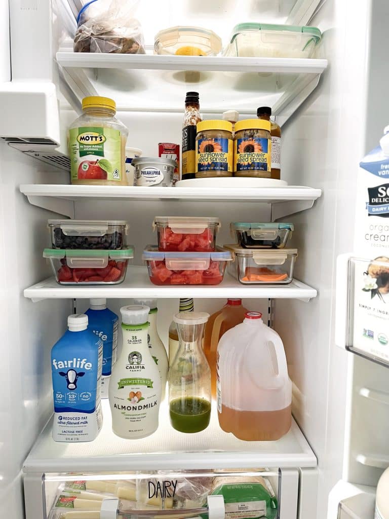 fridge organization with turntables and glass tupperware
