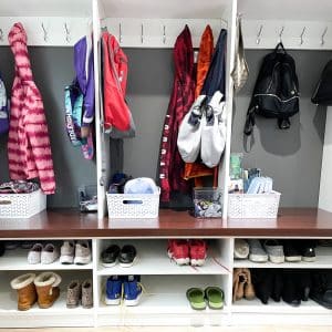 mudroom cabinets and cubbies with shoes and jackets