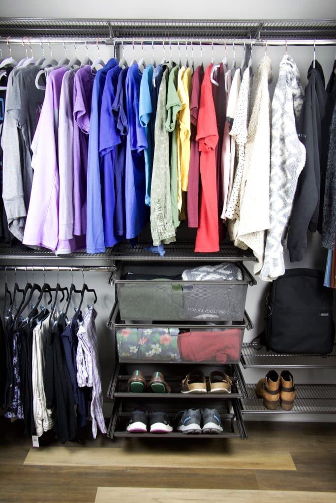 color-coordinated closet using Elfa system