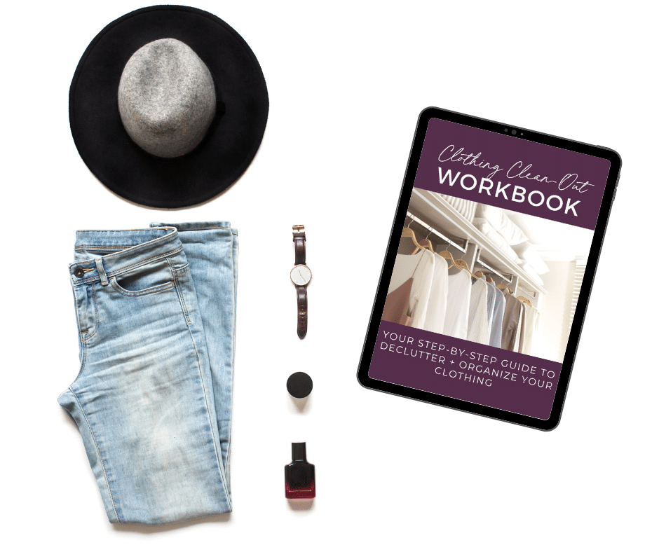 closet clean-out workbook on ipad with outfit to demo clothes organization ideas