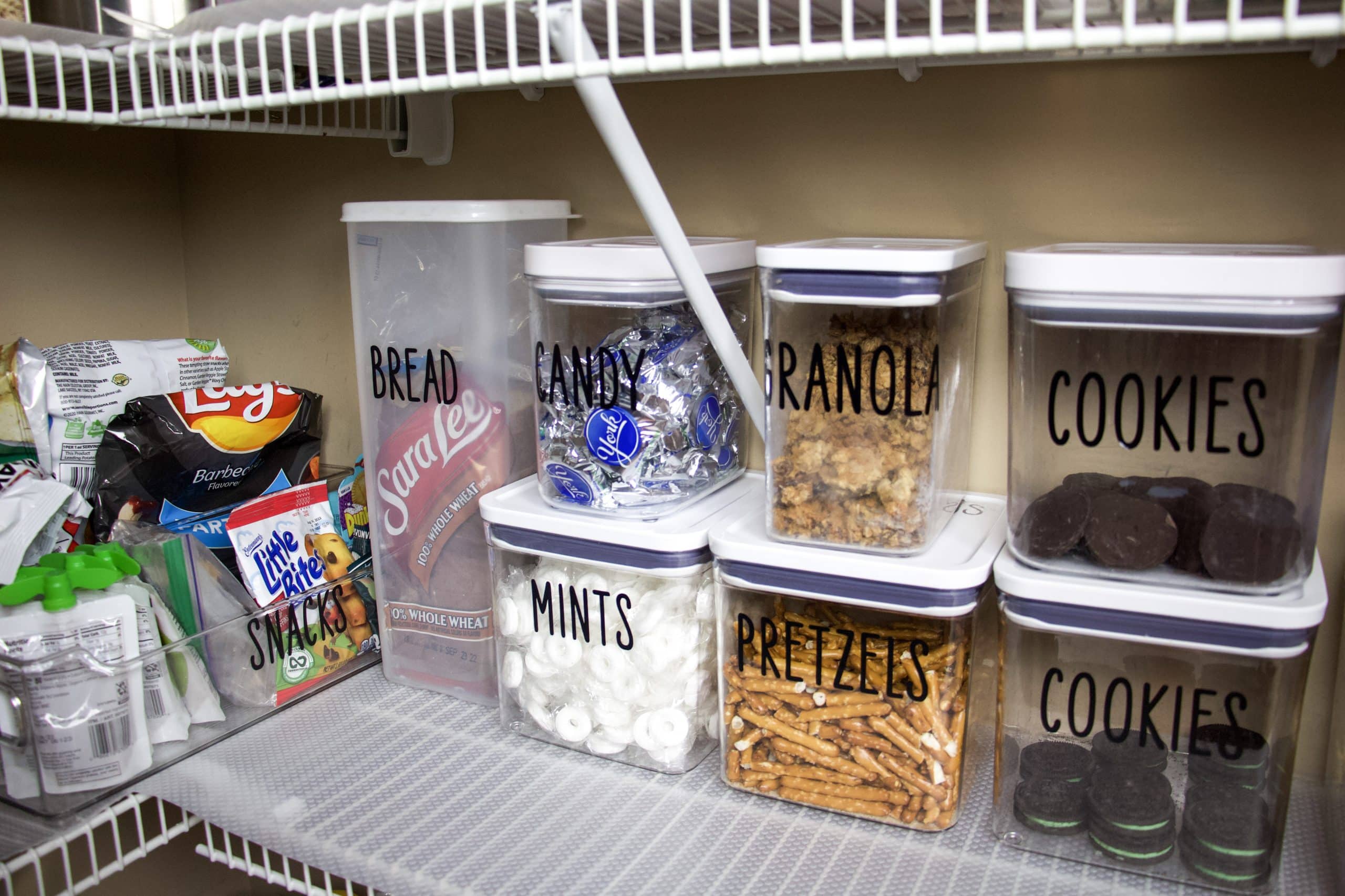 pantry with labels snack shelf