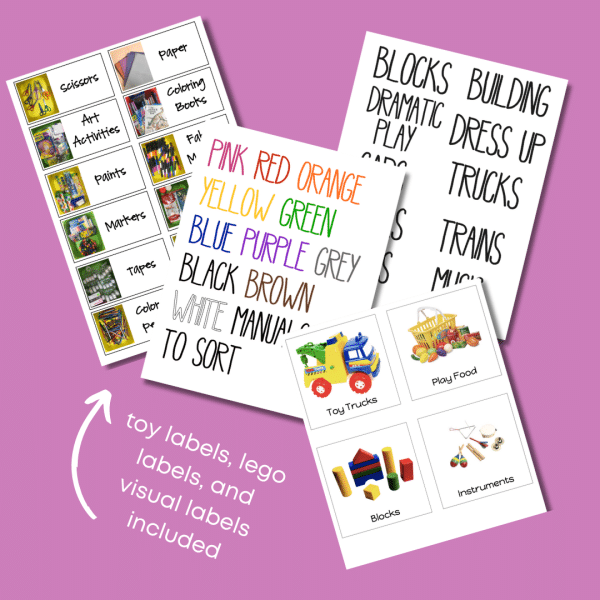 printables for kids label bundle included with four different types of labels include lego brick labels, visual labels, and text labels