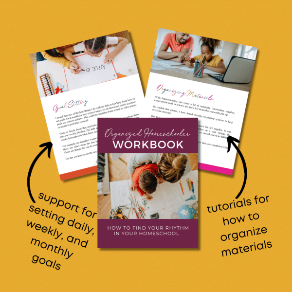 three pages of organized homeschoolers workbook with cover page
