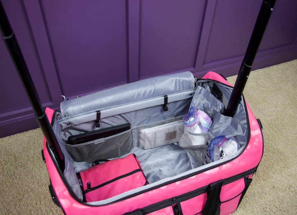 Inside of Dream Duffel with pockets holding extra supplies