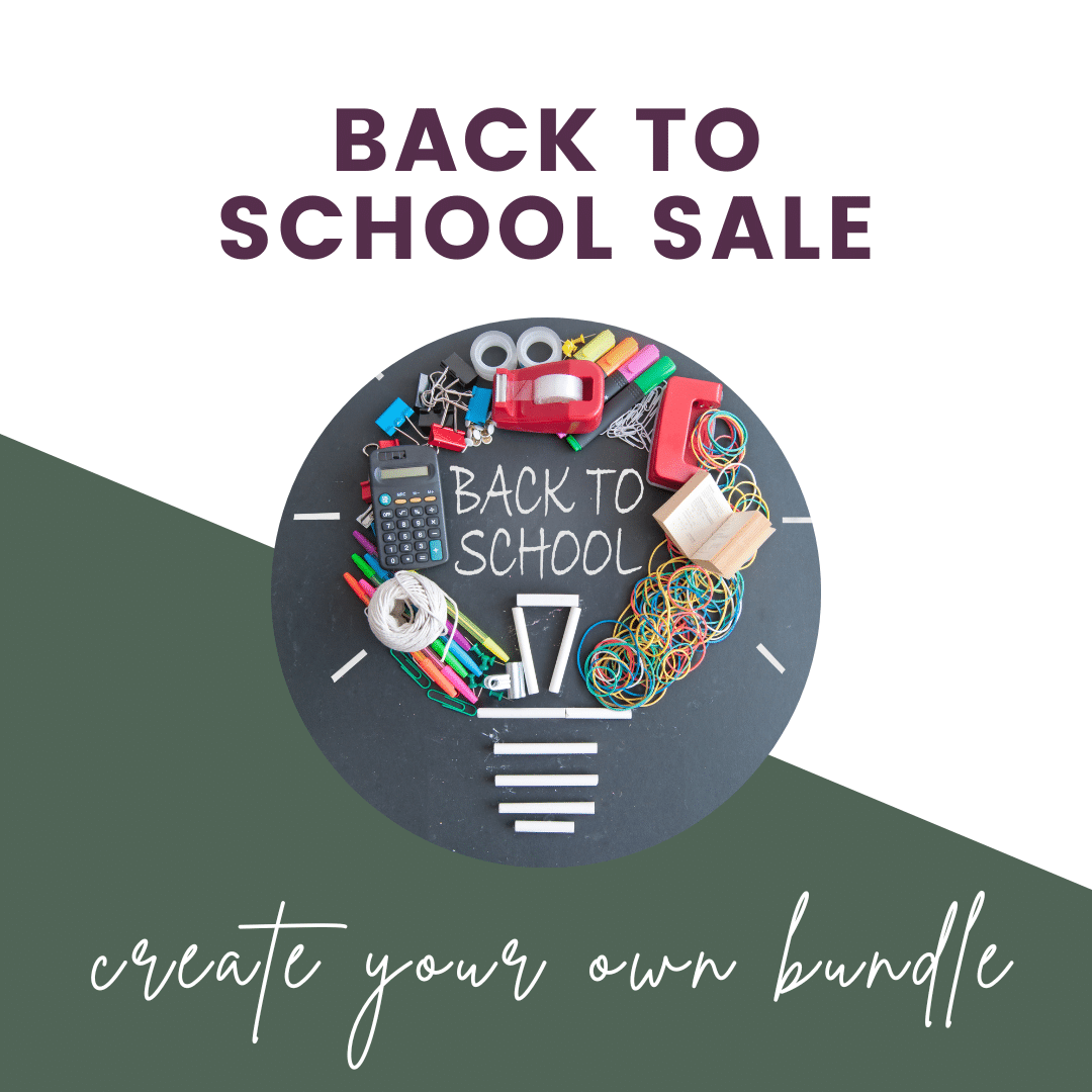 back to school sale create your own bundle text with graphic of school supplies