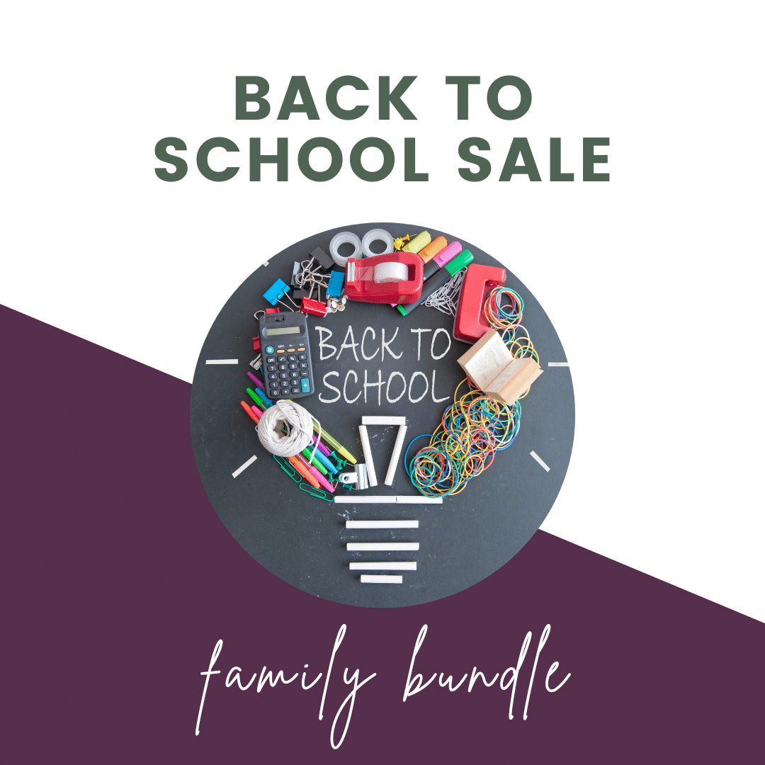 back to school sale family bundle text with graphic of school supplies