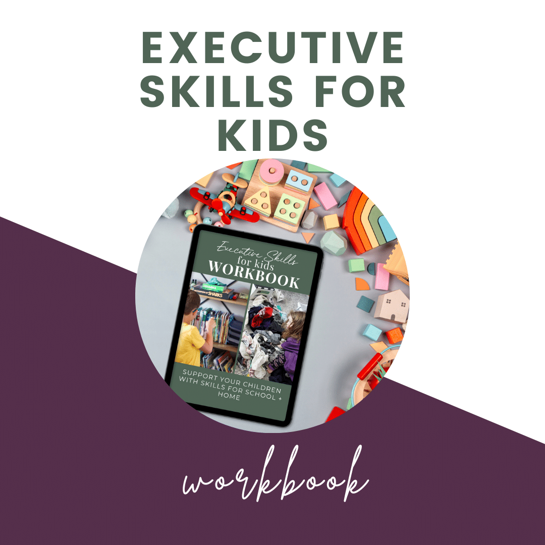 executive skills for kids workbook text with product cover page in middle of graphic