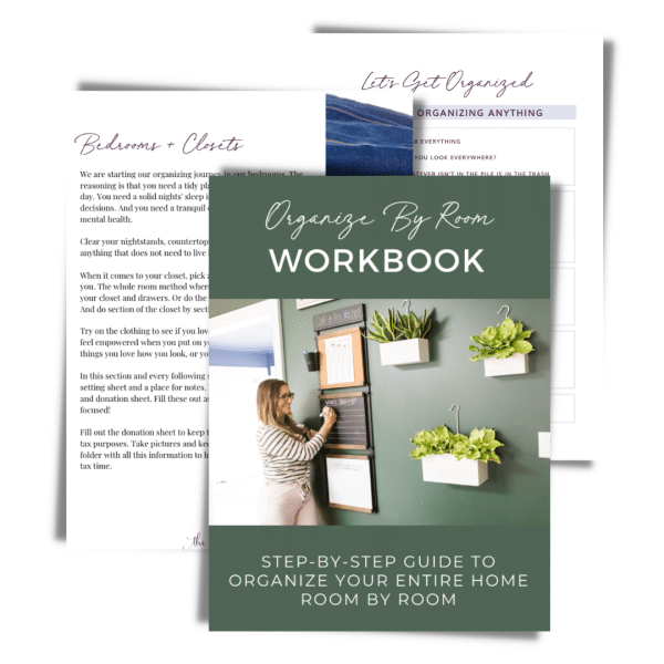 Organizing by Room Workbook with cover page, bedrooms and closets page, and organizing checklist page