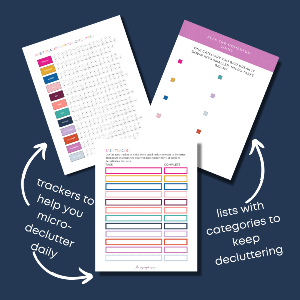 three pages from the micro-declutter workbook with checklists and guides
