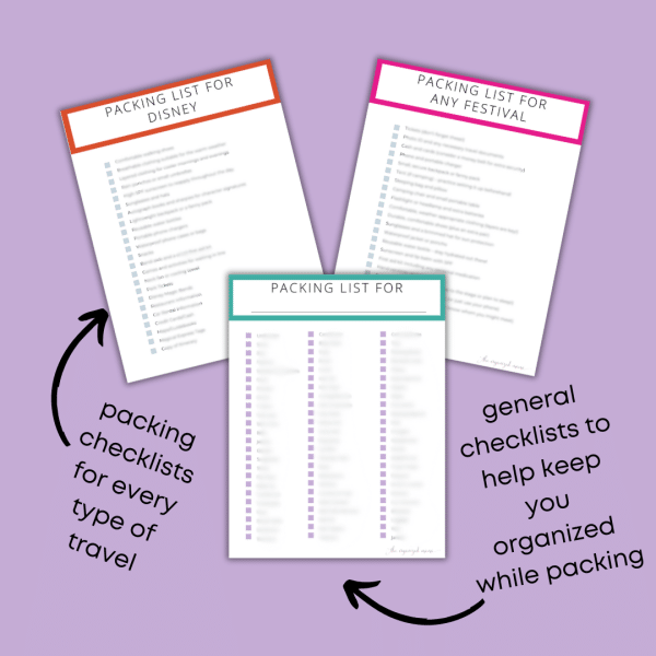 three different packing checklists included in travel packing ebook